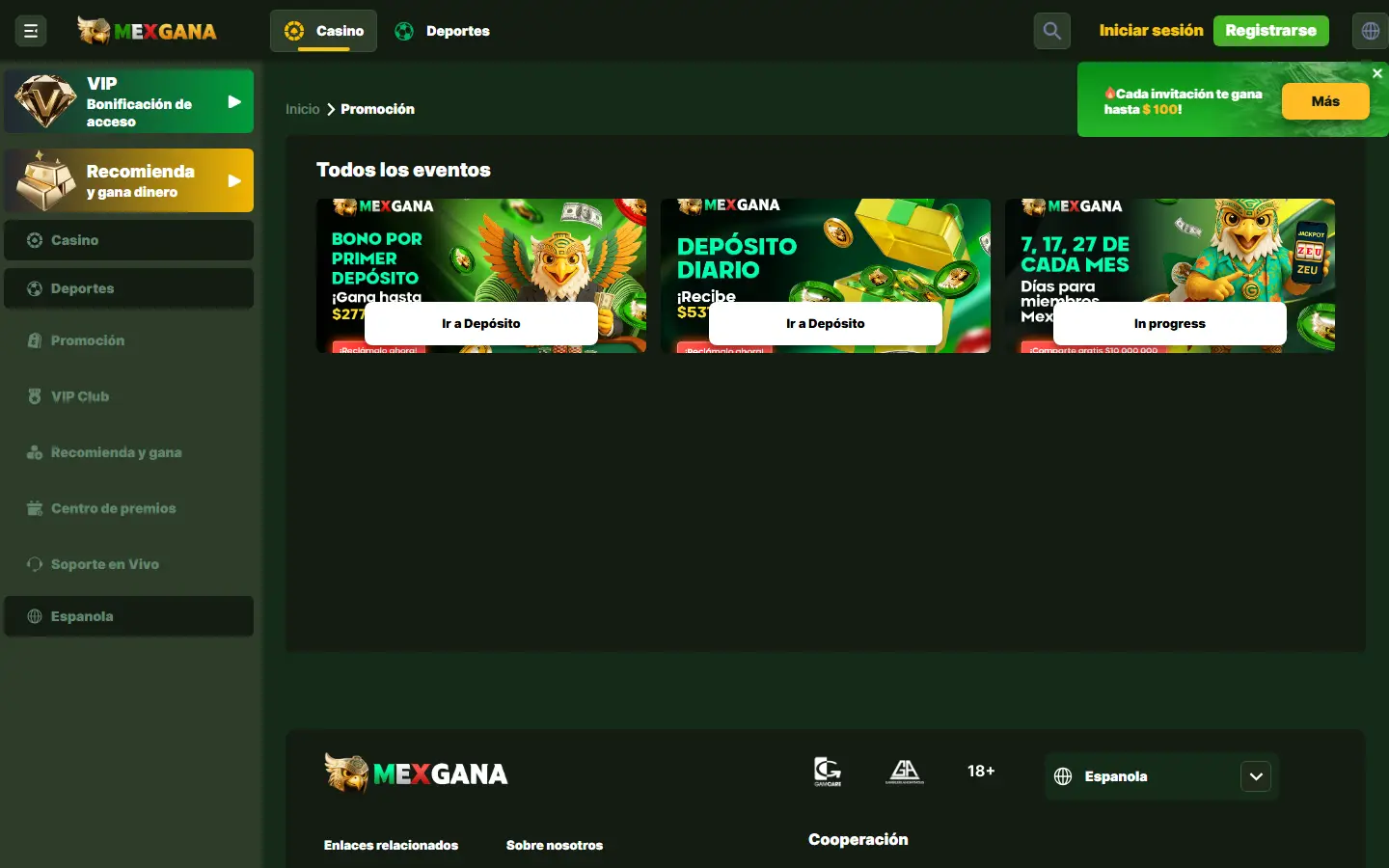 Captura archivada del área de promociones de MexGana